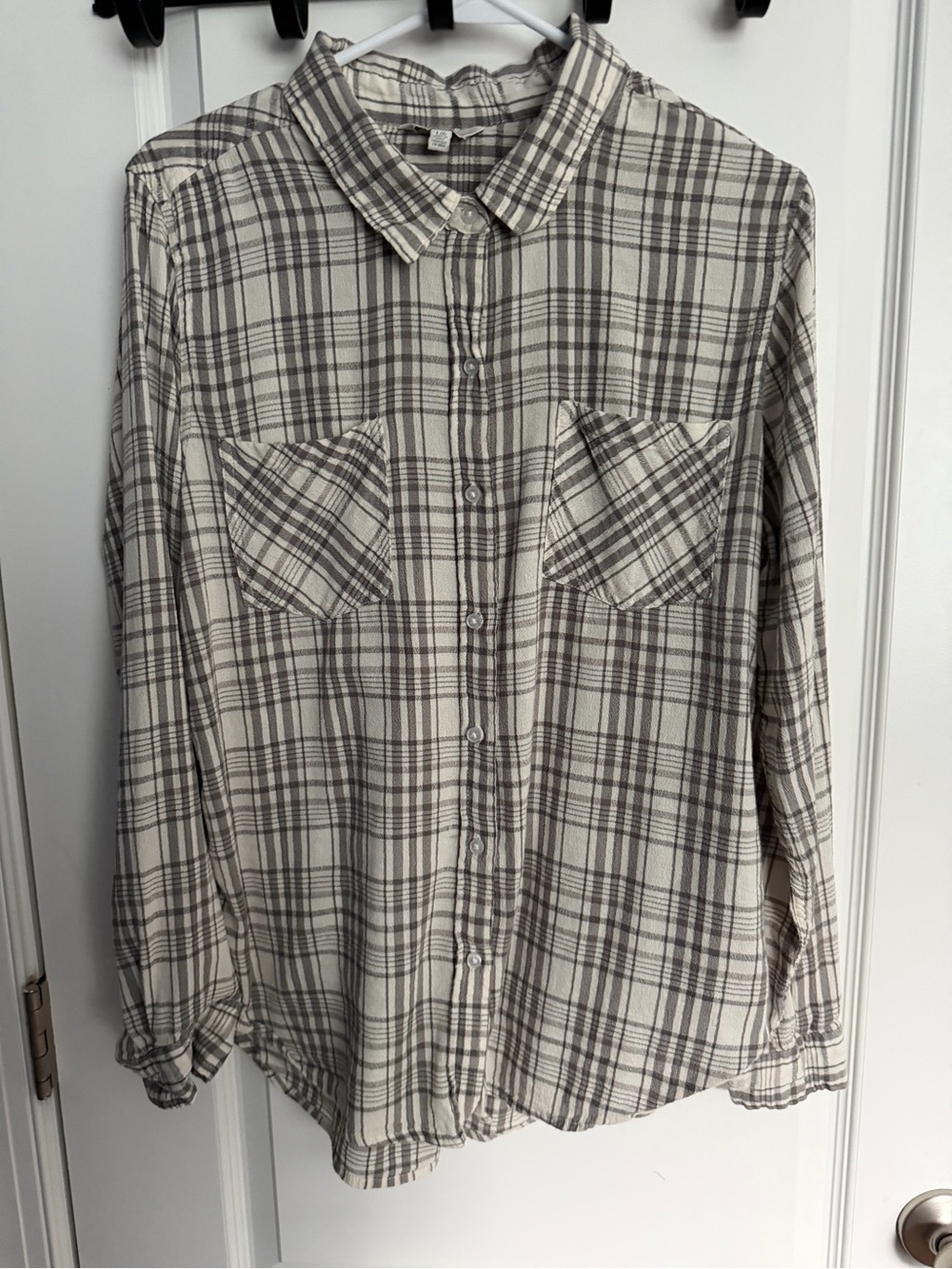 Lucky Brand Plaid Button-Down Shirt Grey Cream Flannel Weave Size L